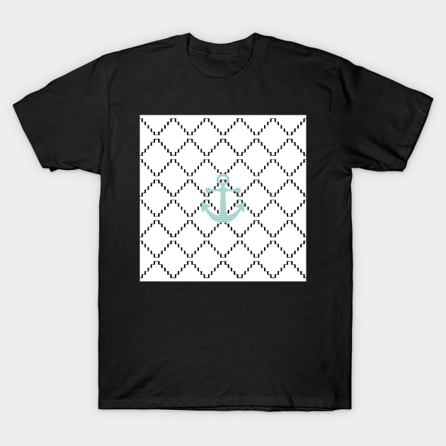 Abstract geometric pattern - black and white - blue anchor T-Shirt by kerens